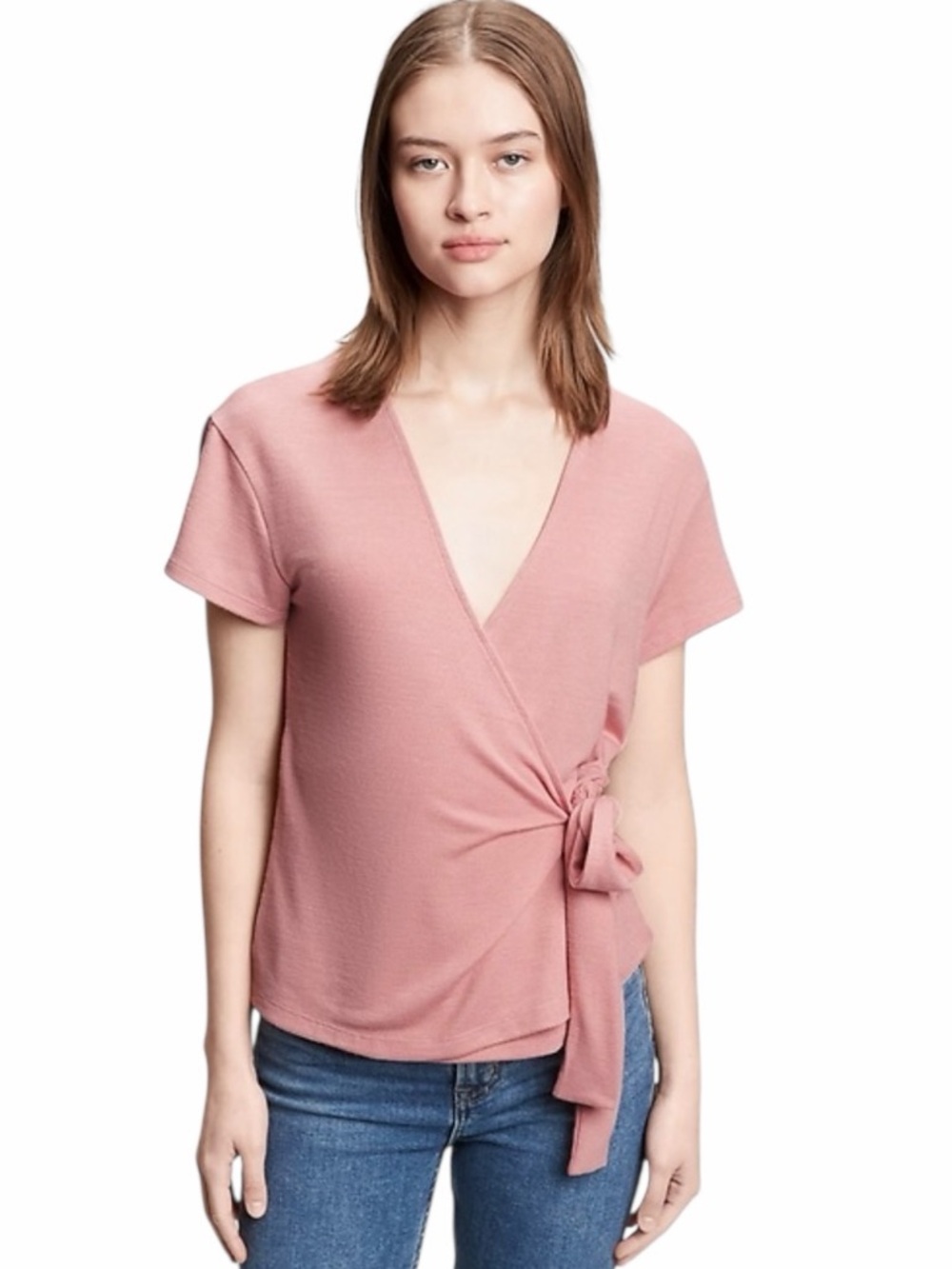 Gap Passion Rose Softspun Short Sleeve Tie-Waist Wrap Knit Top Size XS